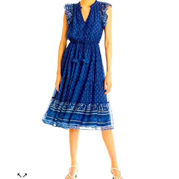 Aqua border print tassel tie‎ midi dress - Picture 1 of 5